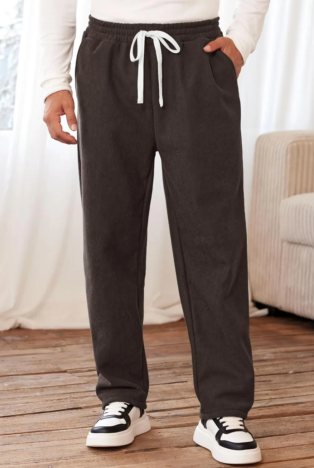 Men's Corduroy Sweatpants Casual Sherpa Lined Drawstring Warm Pant with Pockets (S-2XL)
