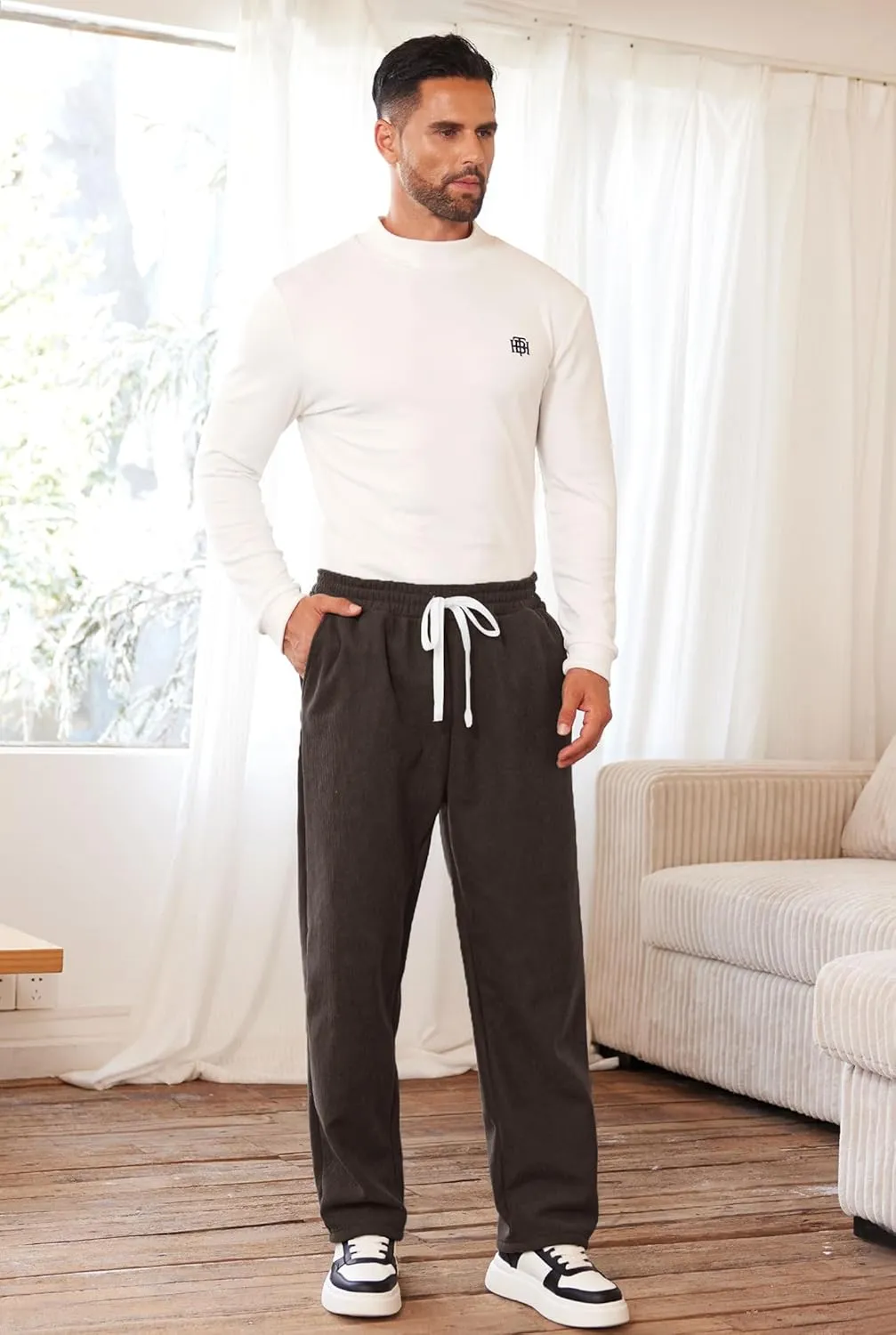 Men's Corduroy Sweatpants Casual Sherpa Lined Drawstring Warm Pant with Pockets (S-2XL)
