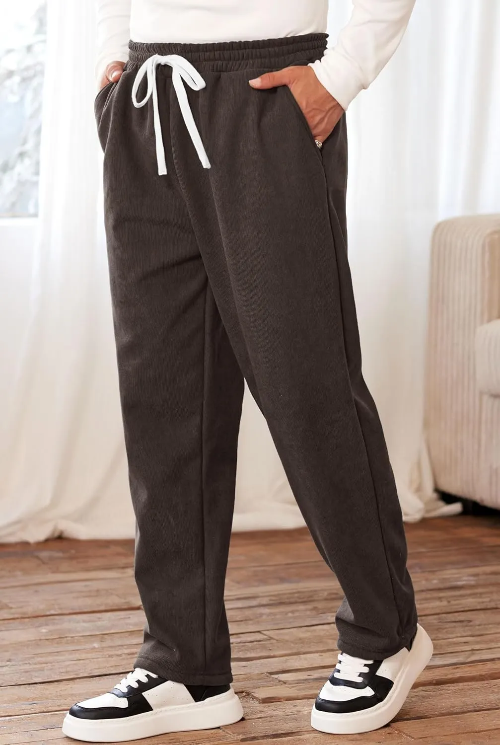 Men's Corduroy Sweatpants Casual Sherpa Lined Drawstring Warm Pant with Pockets (S-2XL)
