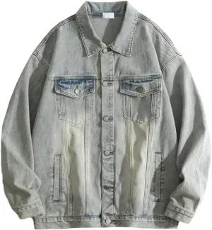 Men's Denim Jacket Vintage Loose Lapel Work Jean Jacket Casual Button Down Trucker Cowboy Coats