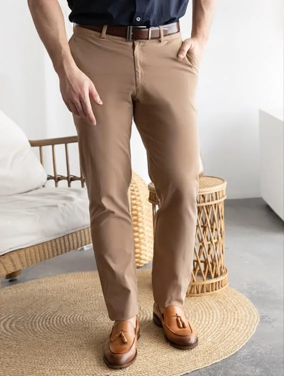 Men's Slim-Fit Stretch Chinos, 97% Cotton/3% Elastane, Flat Front, Breathable, Machine Washable; Gray, Blue, Beige.