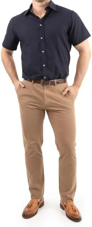 Men's Slim-Fit Stretch Chinos, 97% Cotton/3% Elastane, Flat Front, Breathable, Machine Washable; Gray, Blue, Beige.