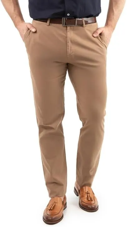Men's Slim-Fit Stretch Chinos, 97% Cotton/3% Elastane, Flat Front, Breathable, Machine Washable; Gray, Blue, Beige.