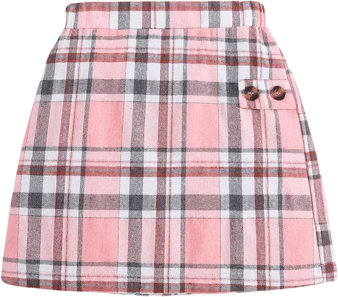 Milumia Girl's Tartan Plaid Short Skirt High Waisted Button A Line Mini Skirts