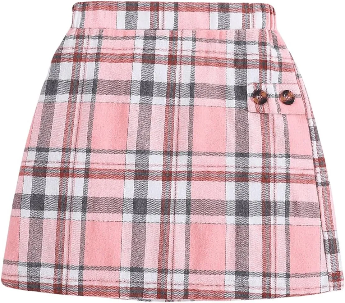 Milumia Girl's Tartan Plaid Short Skirt High Waisted Button A Line Mini Skirts