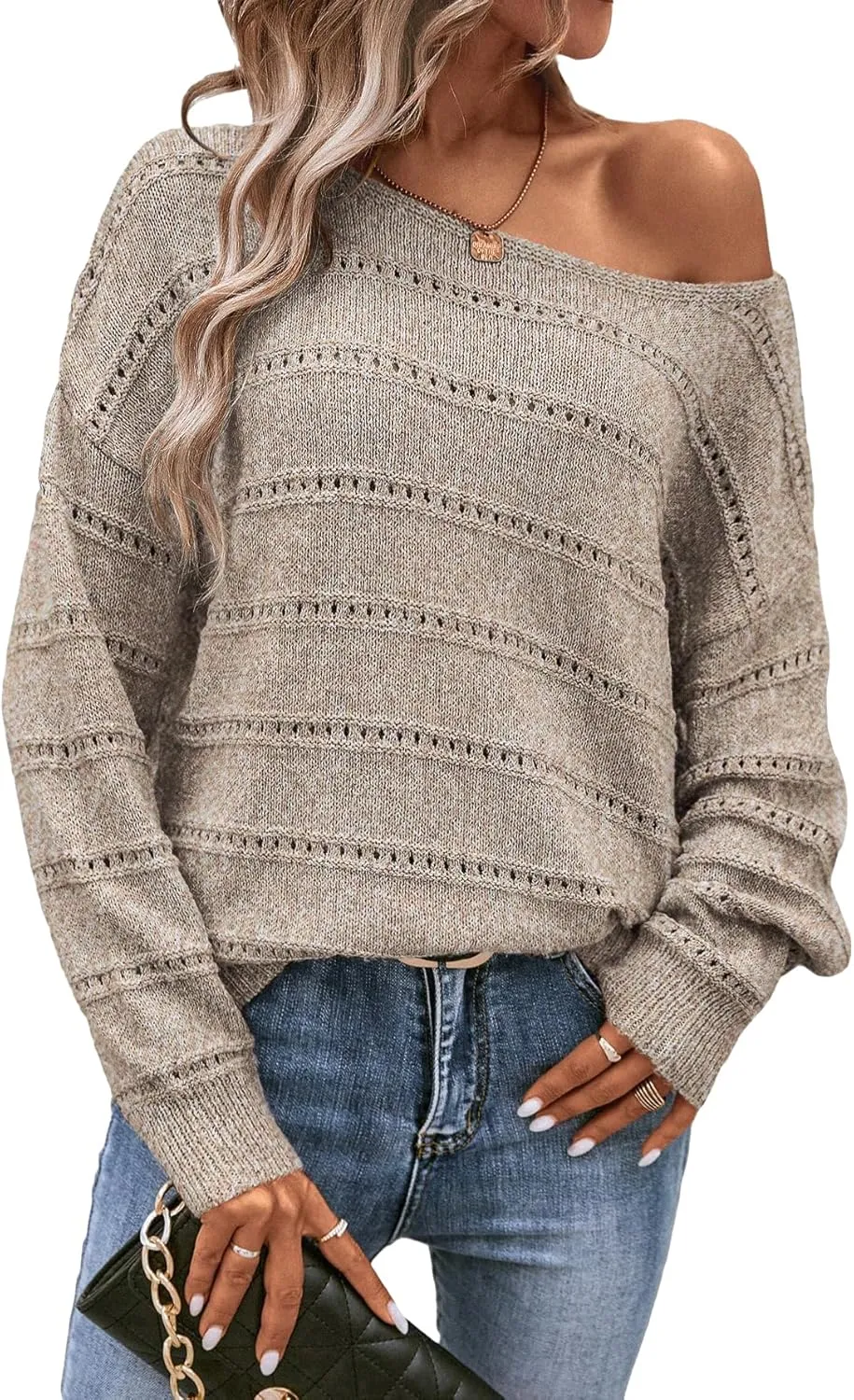 Milumia Women's Off The Shoulder Sweater Long Sleeve Oversized Knit Boat Neck Jumper Tops