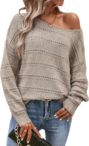 Milumia Women's Off The Shoulder Sweater Long Sleeve Oversized Knit Boat Neck Jumper Tops
