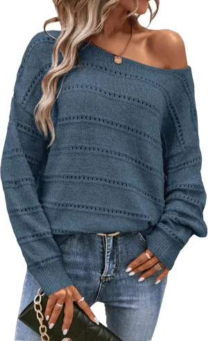 Milumia Women's Off The Shoulder Sweater Long Sleeve Oversized Knit Boat Neck Jumper Tops