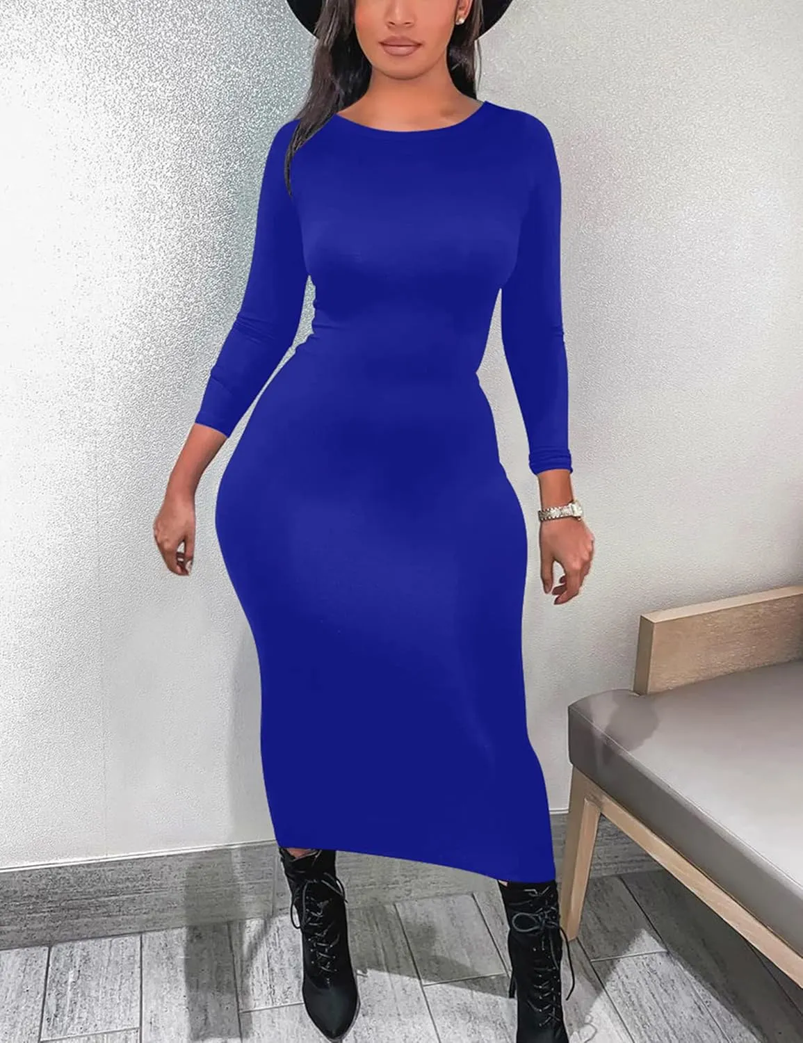 Mokoru Women's Casual Bodycon Long Sleeve Sexy Tight Club Party Midi Pencil Dresses