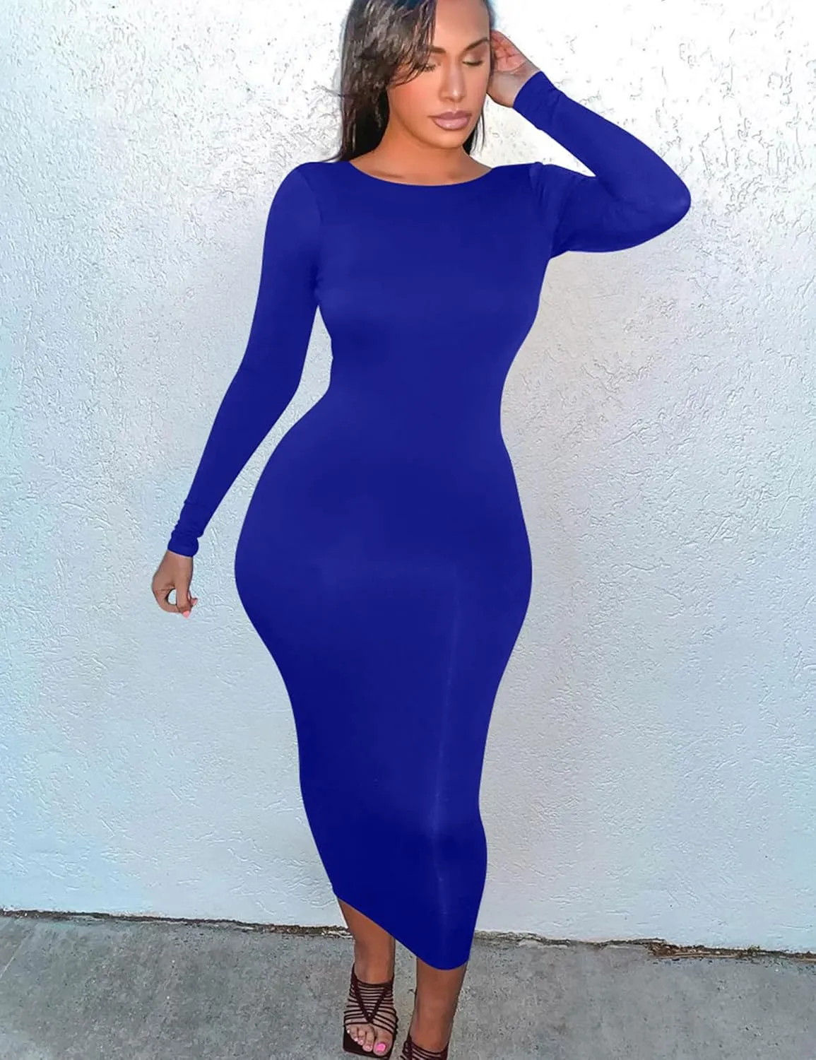 Mokoru Women's Casual Bodycon Long Sleeve Sexy Tight Club Party Midi Pencil Dresses