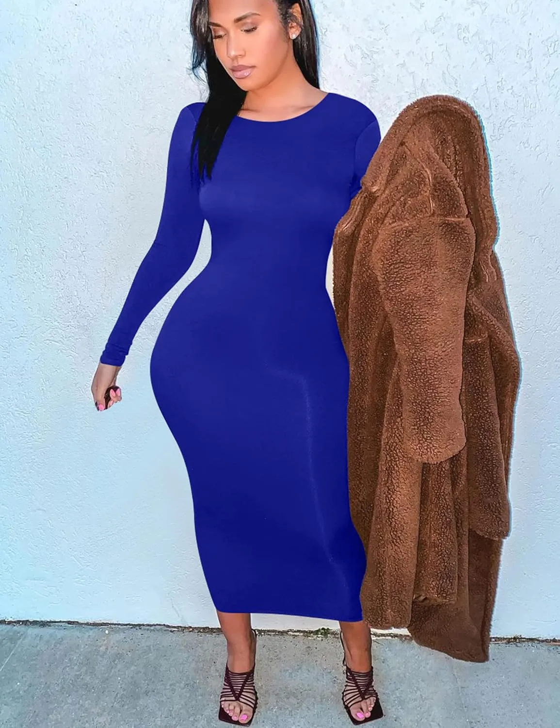 Mokoru Women's Casual Bodycon Long Sleeve Sexy Tight Club Party Midi Pencil Dresses