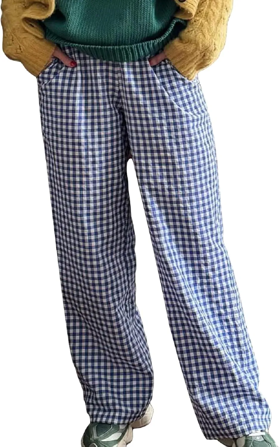 Muineobuka Women Y2k Striped Pajama Pants Wide Leg Stripes Plaid Lounge Pants High Waist Striped Pj Pants Trousers