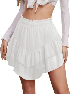 NASHALYLY Women's Mini Skirt Ruffle High Waist Elastic Boho Flowy Chiffon Tiered Skirt with Shorts