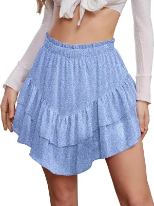 NASHALYLY Women's Mini Skirt Ruffle High Waist Elastic Boho Flowy Chiffon Tiered Skirt with Shorts