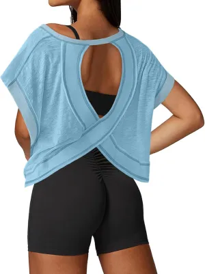 Open Back Workout Tops for Women Loose Fit Athletic Crop Tee Short Sleeve Gym Running Yoga Shirt