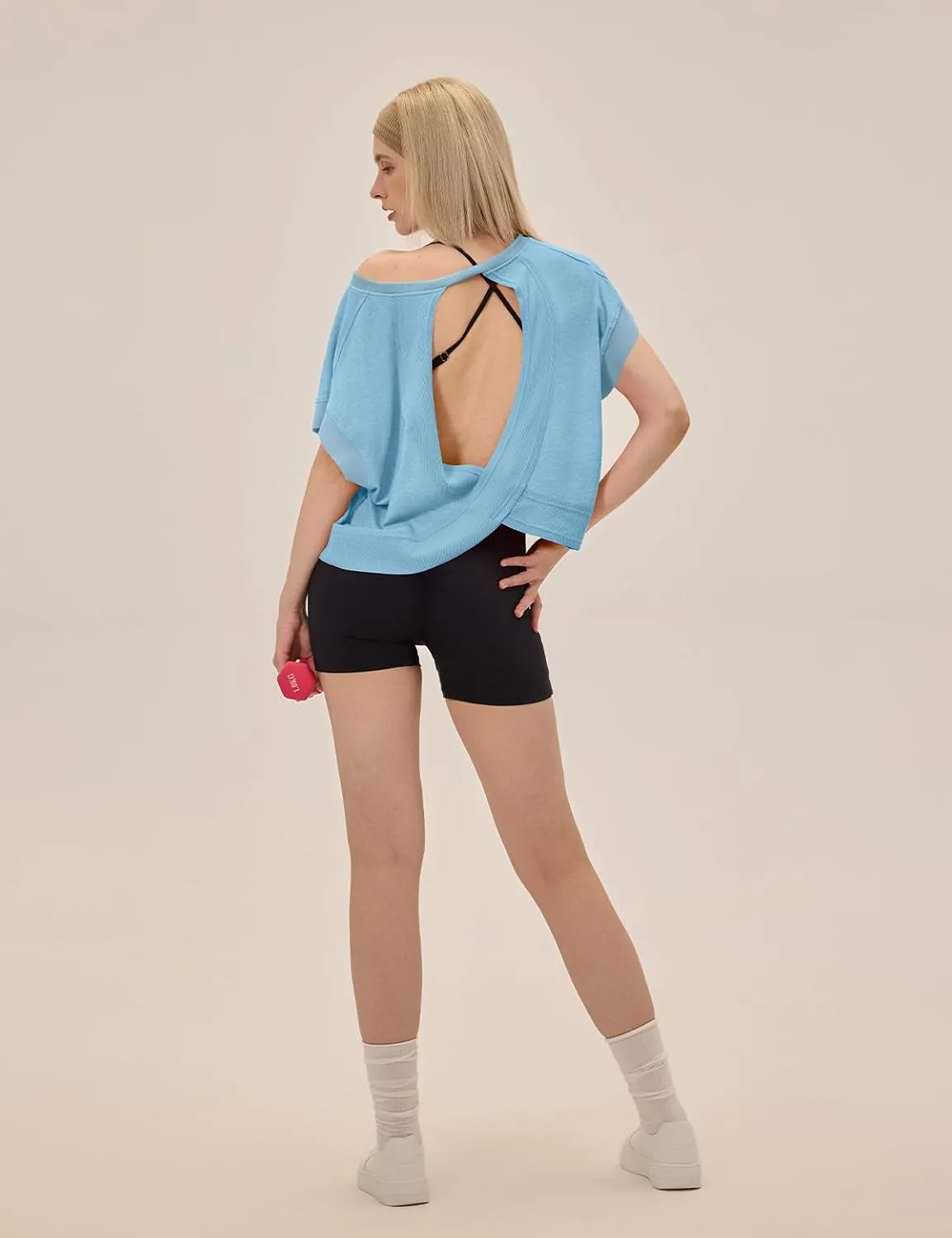Open Back Workout Tops for Women Loose Fit Athletic Crop Tee Short Sleeve Gym Running Yoga Shirt