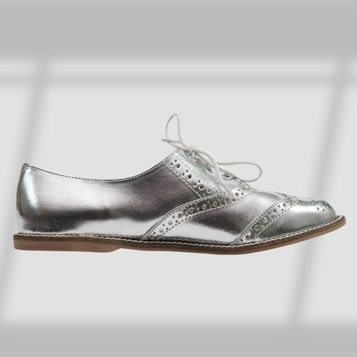 Oxford Brogues | Hand-Crafted | Women Flat Shoes | Comfortable | Silver Metallic