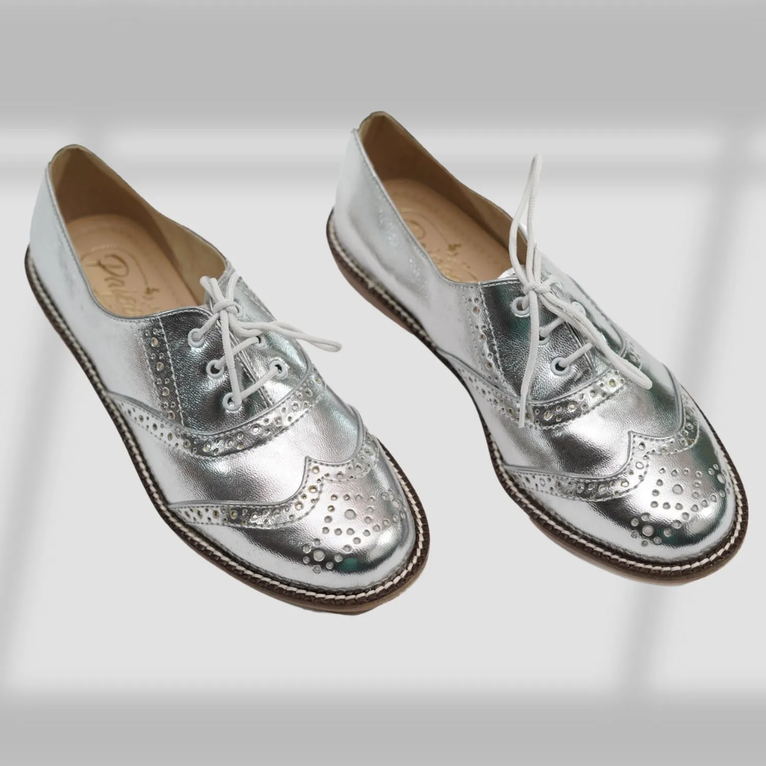 Oxford Brogues | Hand-Crafted | Women Flat Shoes | Comfortable | Silver Metallic