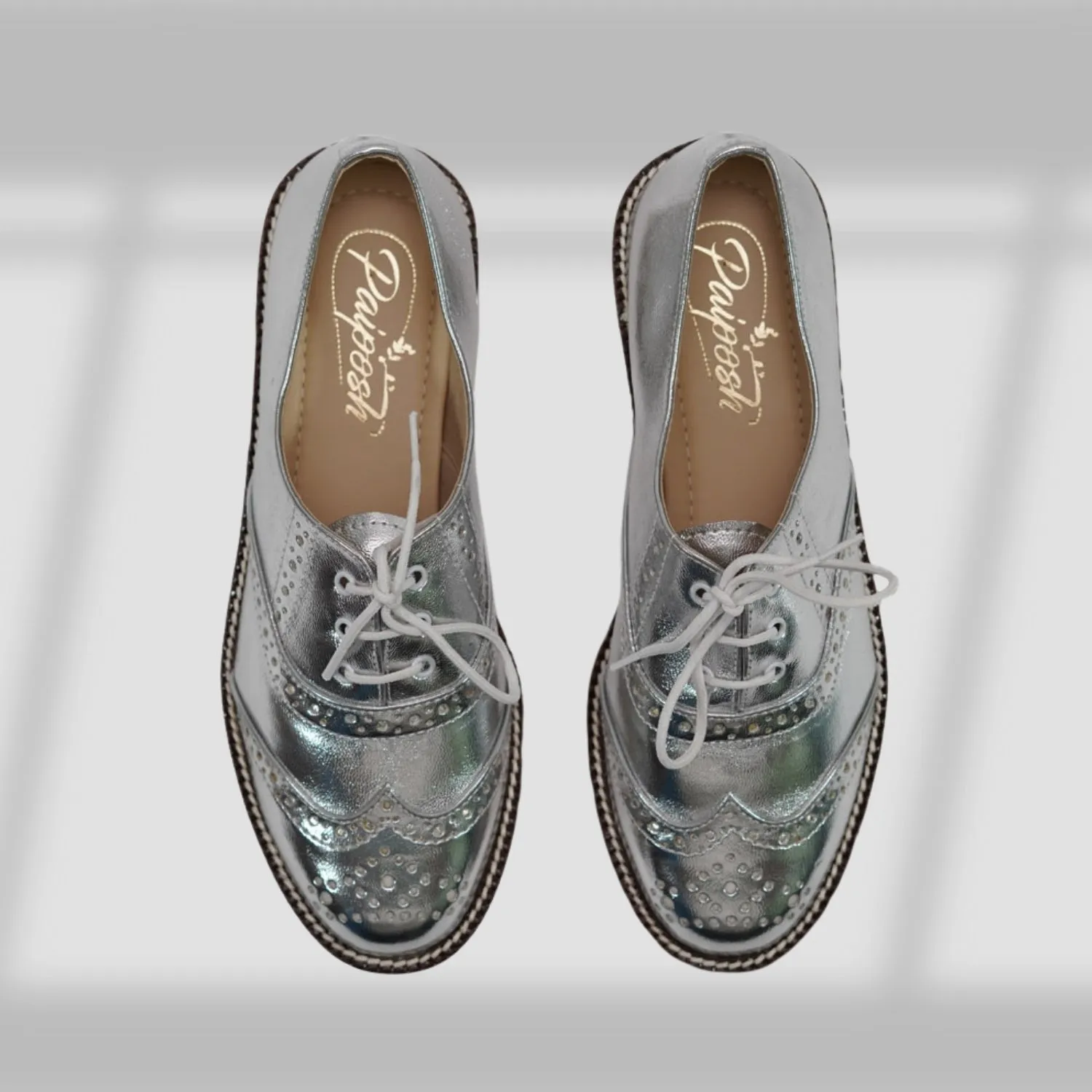 Oxford Brogues | Hand-Crafted | Women Flat Shoes | Comfortable | Silver Metallic