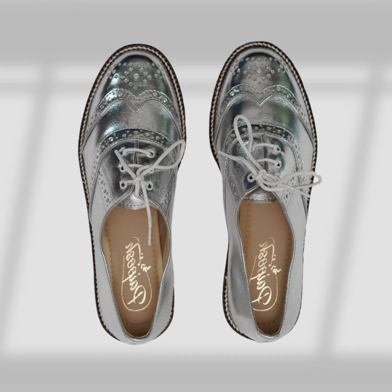 Oxford Brogues | Hand-Crafted | Women Flat Shoes | Comfortable | Silver Metallic