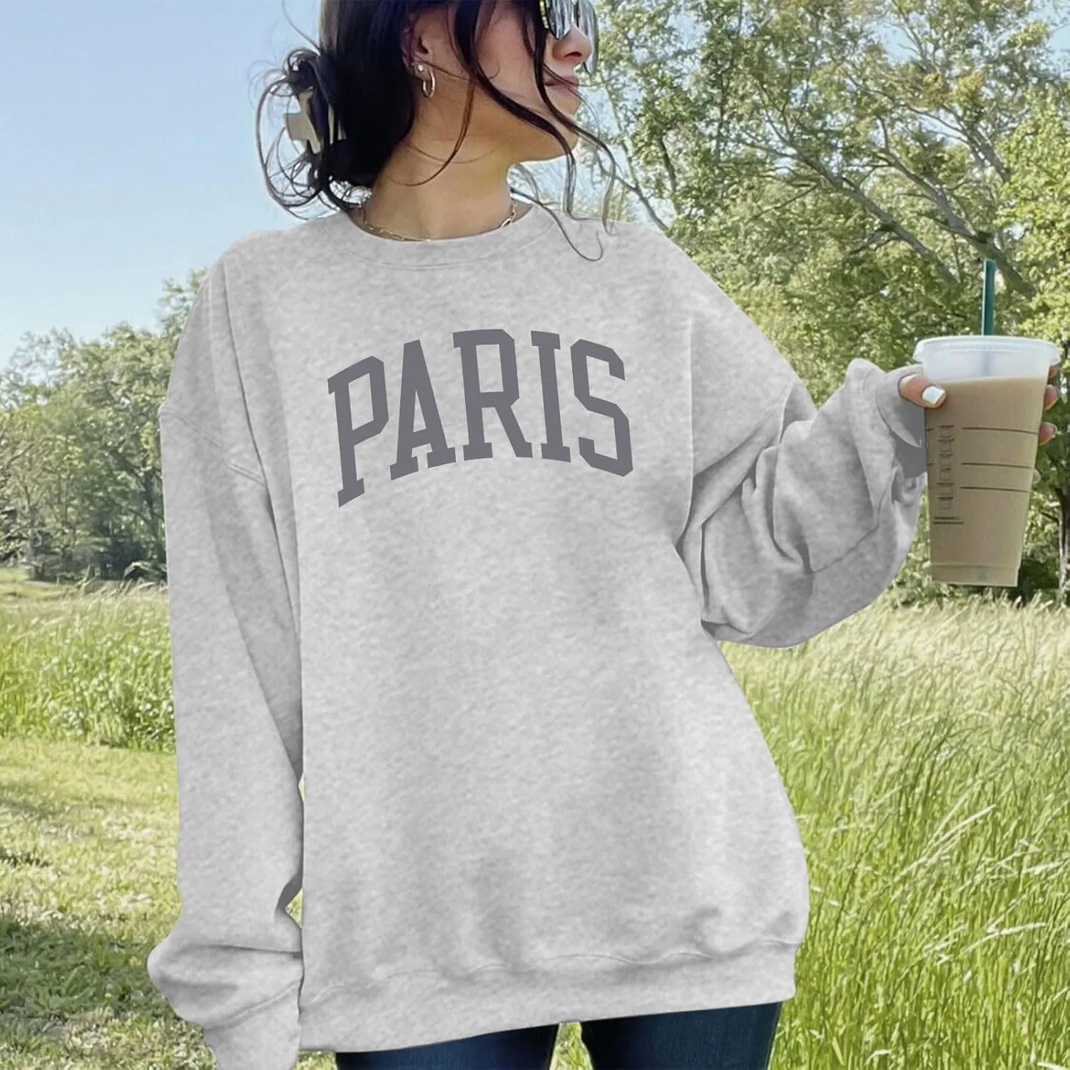 Paris France College Sweatshirt for Women Oversized Letter Graphic Preppy Shirts Crewneck Long Sleeve Pullover Tops