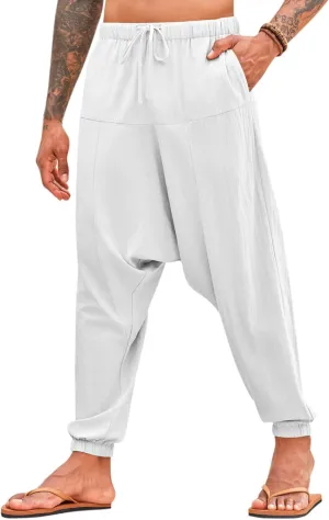 PASLTER Mens Harem Pants Baggy Casual Cotton Linen Boho Yoga Drop Crotch Hippie Trousers