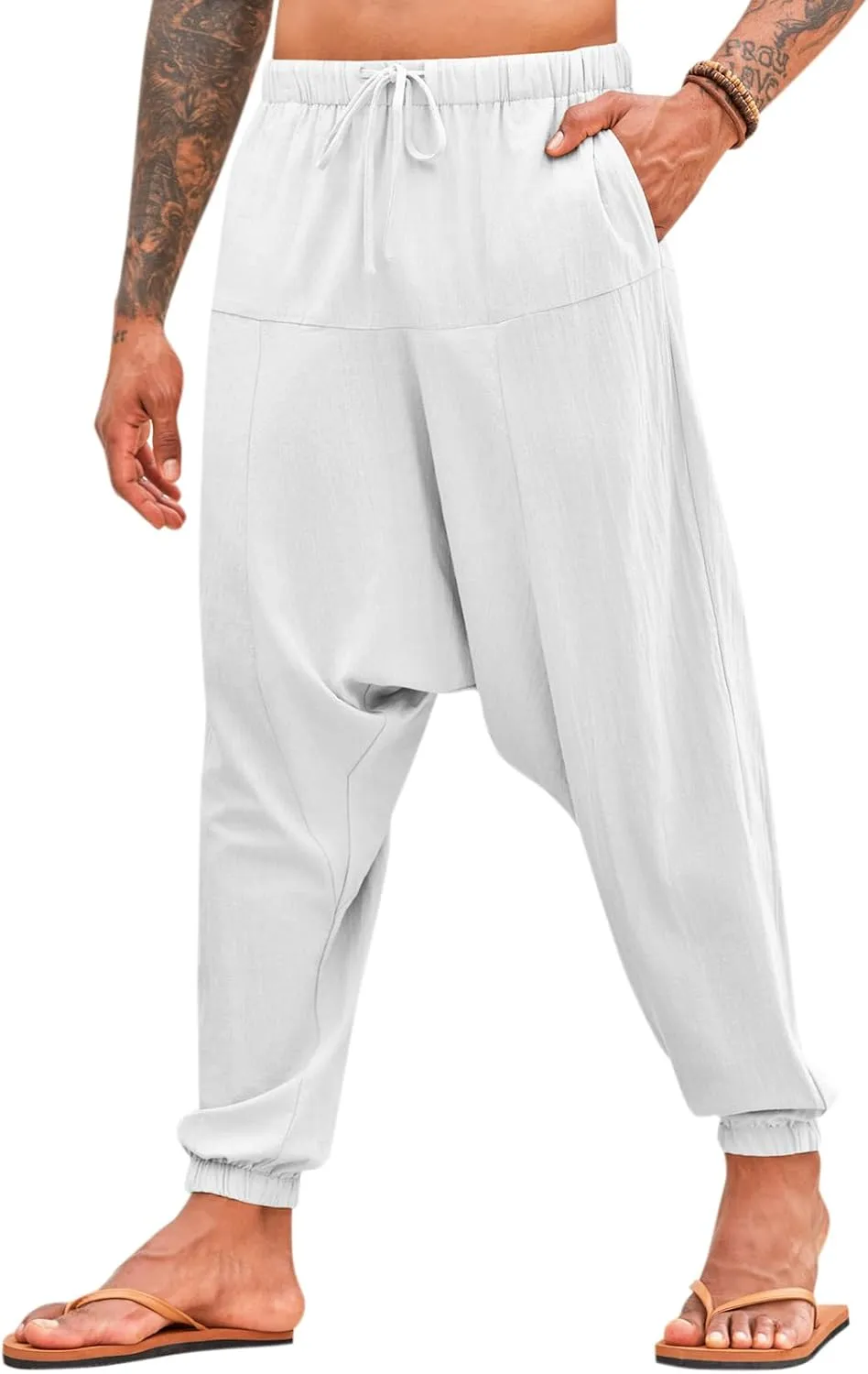 PASLTER Mens Harem Pants Baggy Casual Cotton Linen Boho Yoga Drop Crotch Hippie Trousers