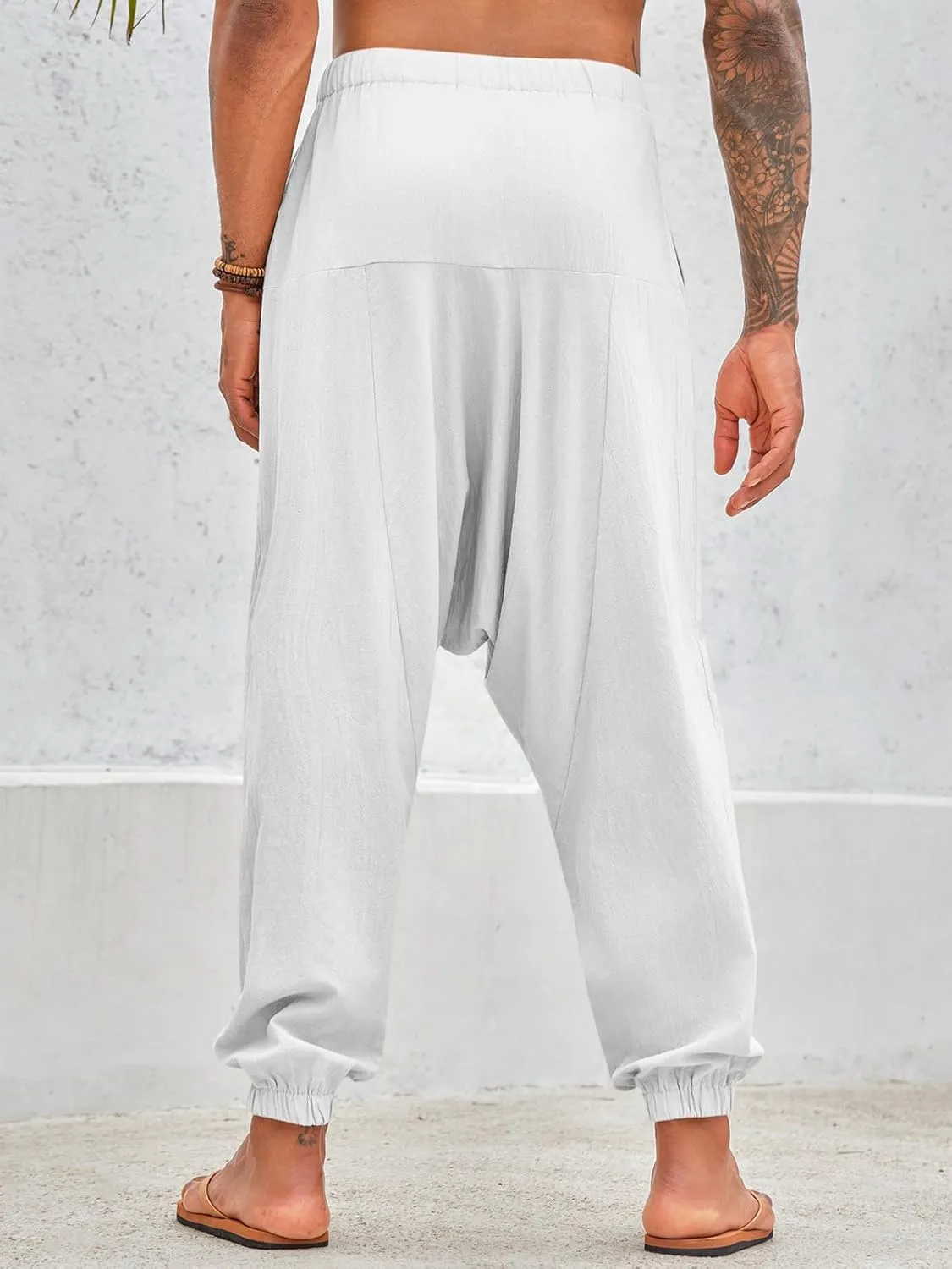 PASLTER Mens Harem Pants Baggy Casual Cotton Linen Boho Yoga Drop Crotch Hippie Trousers