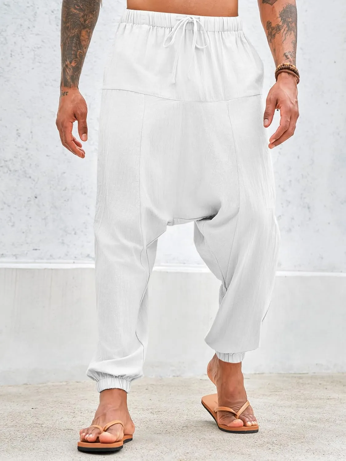 PASLTER Mens Harem Pants Baggy Casual Cotton Linen Boho Yoga Drop Crotch Hippie Trousers
