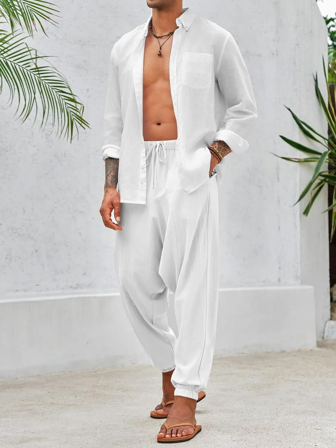 PASLTER Mens Harem Pants Baggy Casual Cotton Linen Boho Yoga Drop Crotch Hippie Trousers