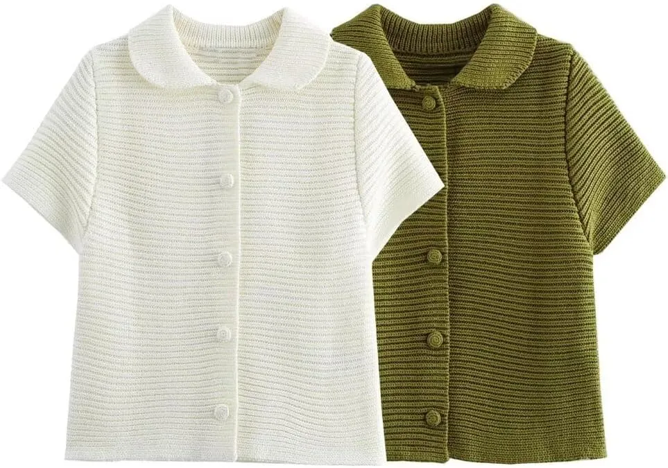 Peter Pan Collar Chunky Knit Cardigans for Women Short Sleeve Button Down Cardigan Open Front Cropped Cardigan