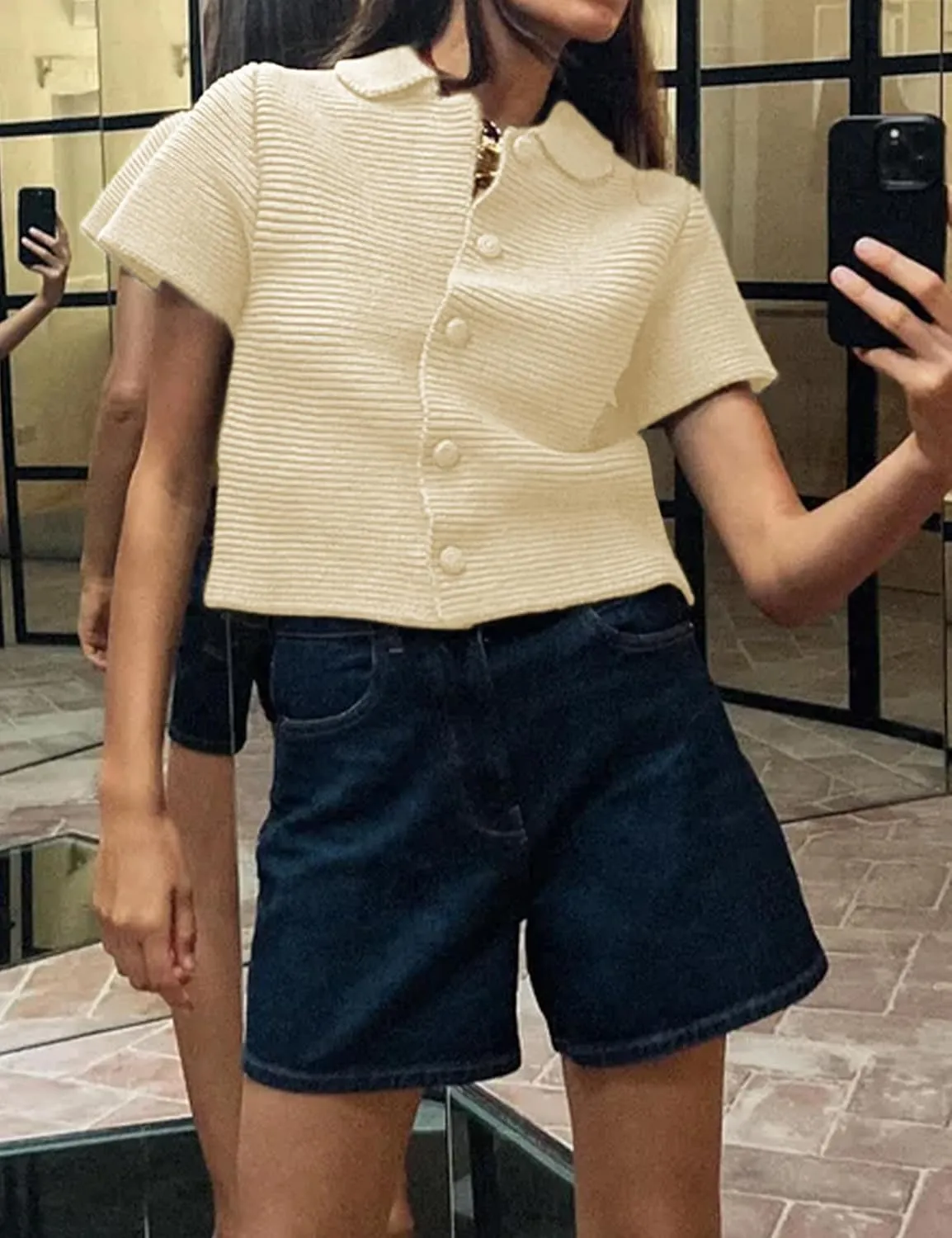 Peter Pan Collar Chunky Knit Cardigans for Women Short Sleeve Button Down Cardigan Open Front Cropped Cardigan