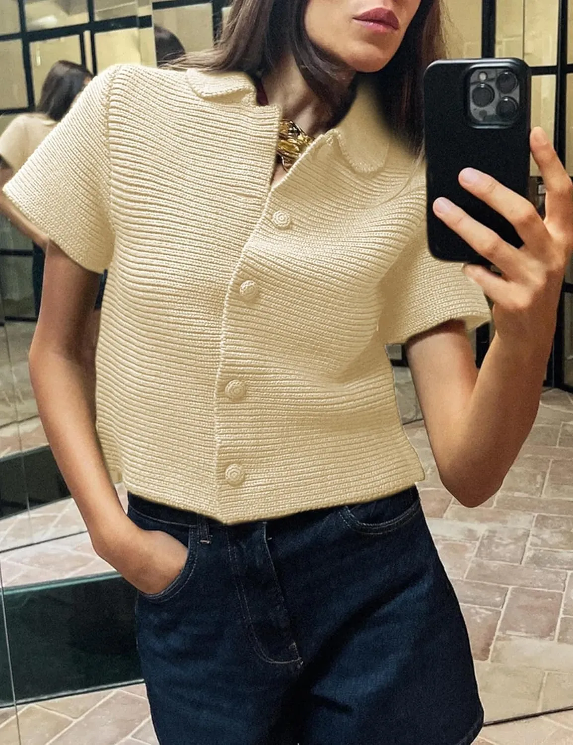Peter Pan Collar Chunky Knit Cardigans for Women Short Sleeve Button Down Cardigan Open Front Cropped Cardigan