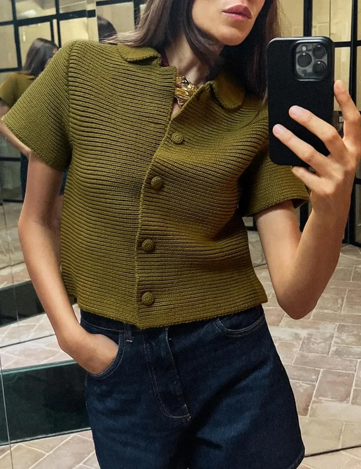 Peter Pan Collar Chunky Knit Cardigans for Women Short Sleeve Button Down Cardigan Open Front Cropped Cardigan