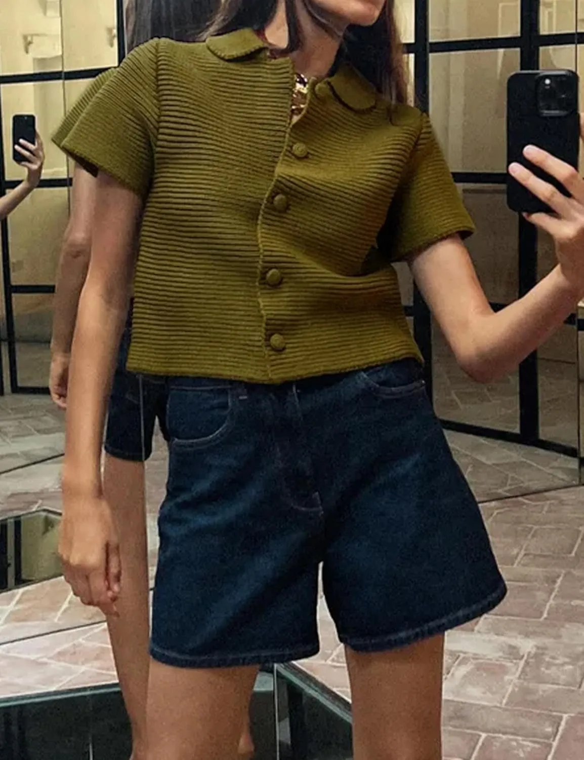 Peter Pan Collar Chunky Knit Cardigans for Women Short Sleeve Button Down Cardigan Open Front Cropped Cardigan
