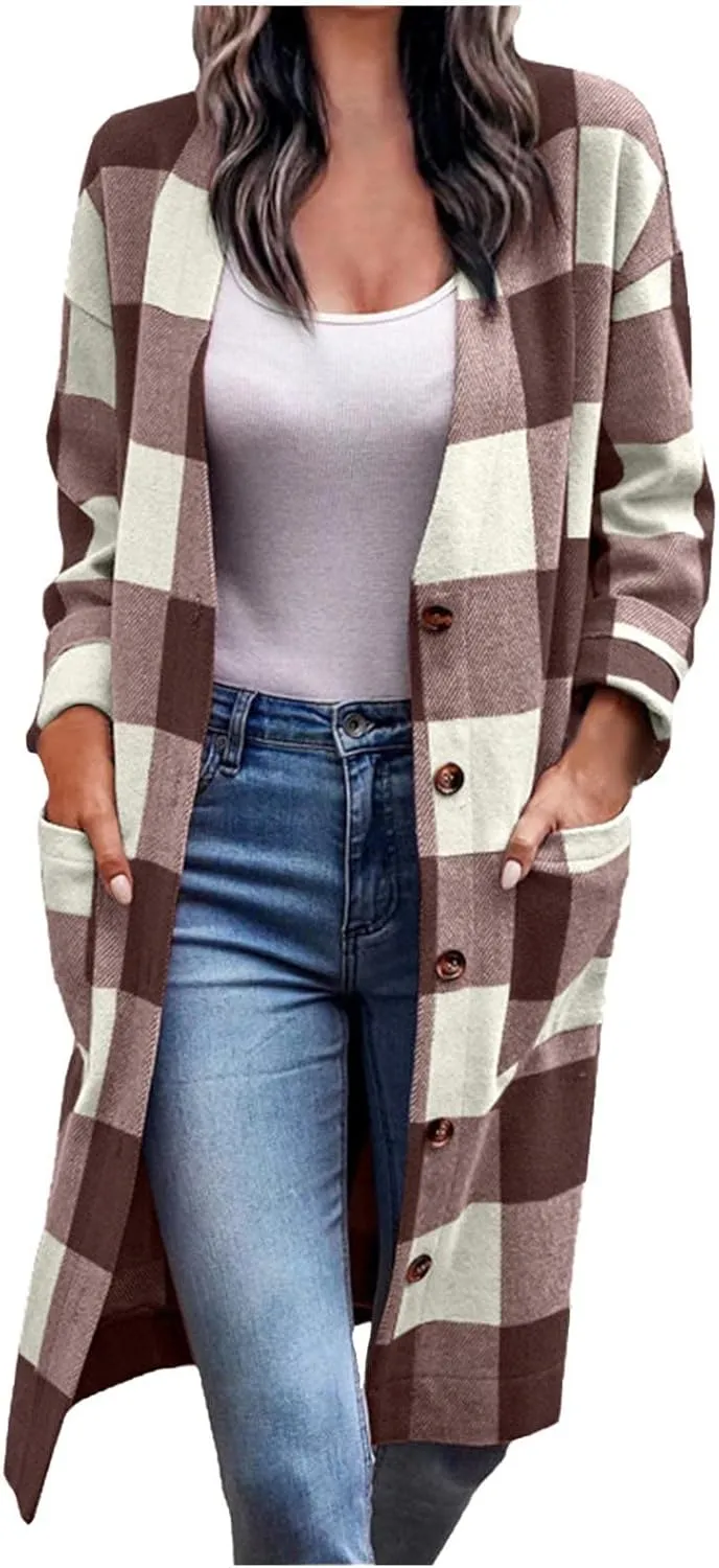 Plaid Jackets for Women Lapel Button Down Shacket Wool Blend Coat with Pockets Long Sleeve Vintage Outerwear