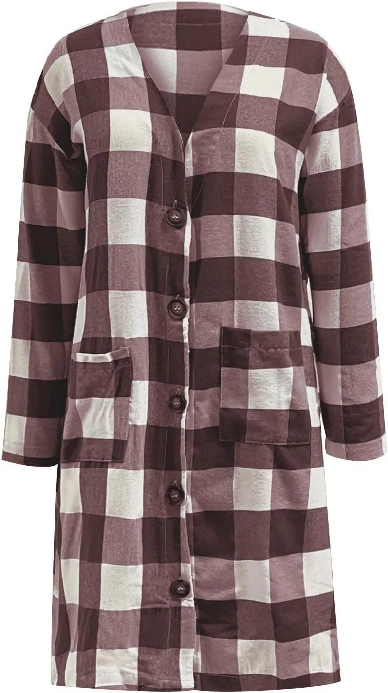 Plaid Jackets for Women Lapel Button Down Shacket Wool Blend Coat with Pockets Long Sleeve Vintage Outerwear