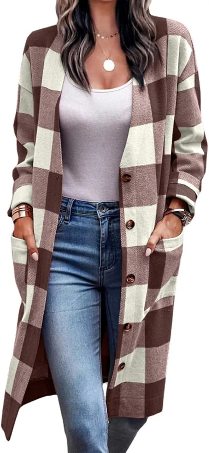 Plaid Jackets for Women Lapel Button Down Shacket Wool Blend Coat with Pockets Long Sleeve Vintage Outerwear