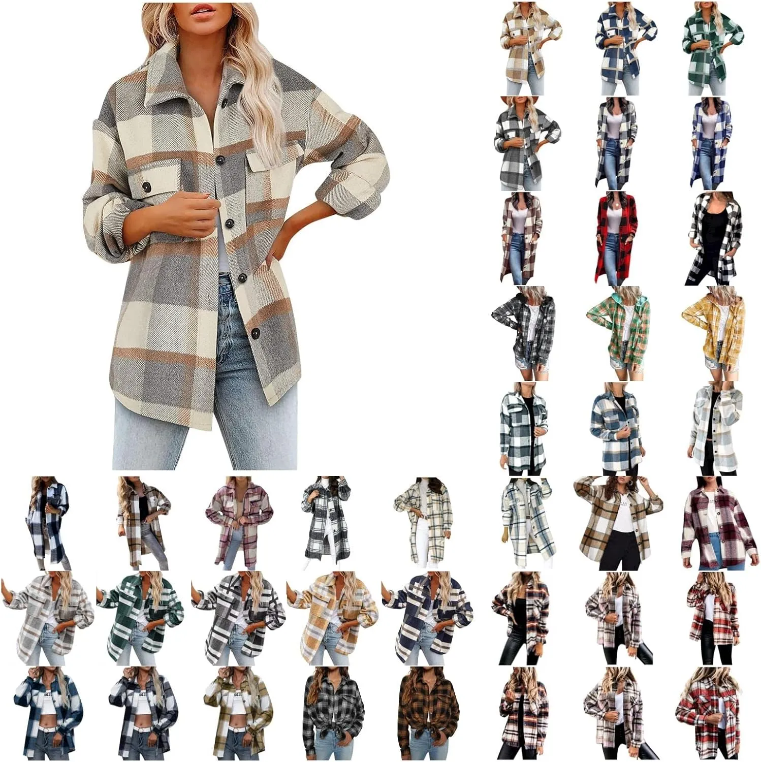 Plaid Jackets for Women Lapel Button Down Shacket Wool Blend Coat with Pockets Long Sleeve Vintage Outerwear