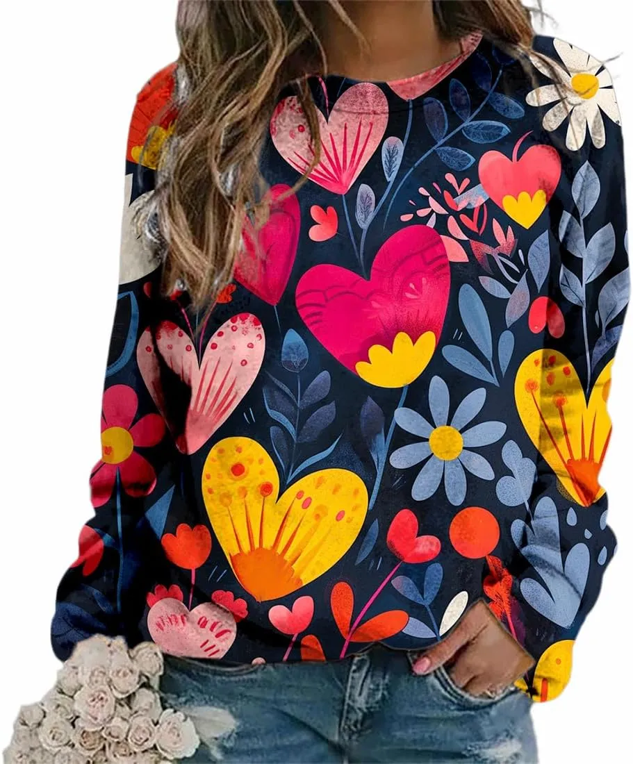 Plus Size Flower Tops for Women Oversized Long Sleeve Crewneck Graphic Sweatshirts Casual Floral Pullover Shirts