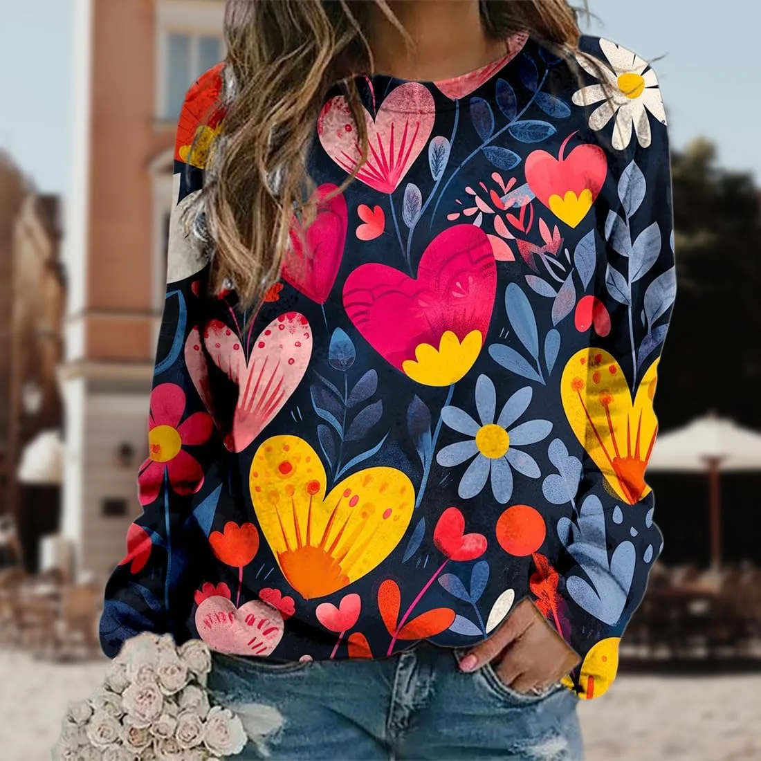 Plus Size Flower Tops for Women Oversized Long Sleeve Crewneck Graphic Sweatshirts Casual Floral Pullover Shirts