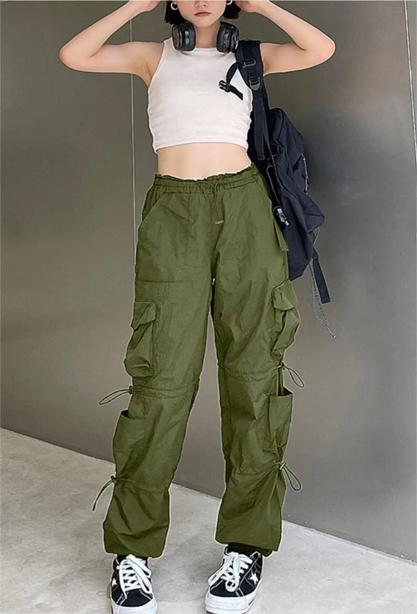 QYANGG Baggy Parachute Pants for Women& Girls Drawstring Elastic Low Waist Ruched Cargo Pants Multiple Pockets Jogger Y2K