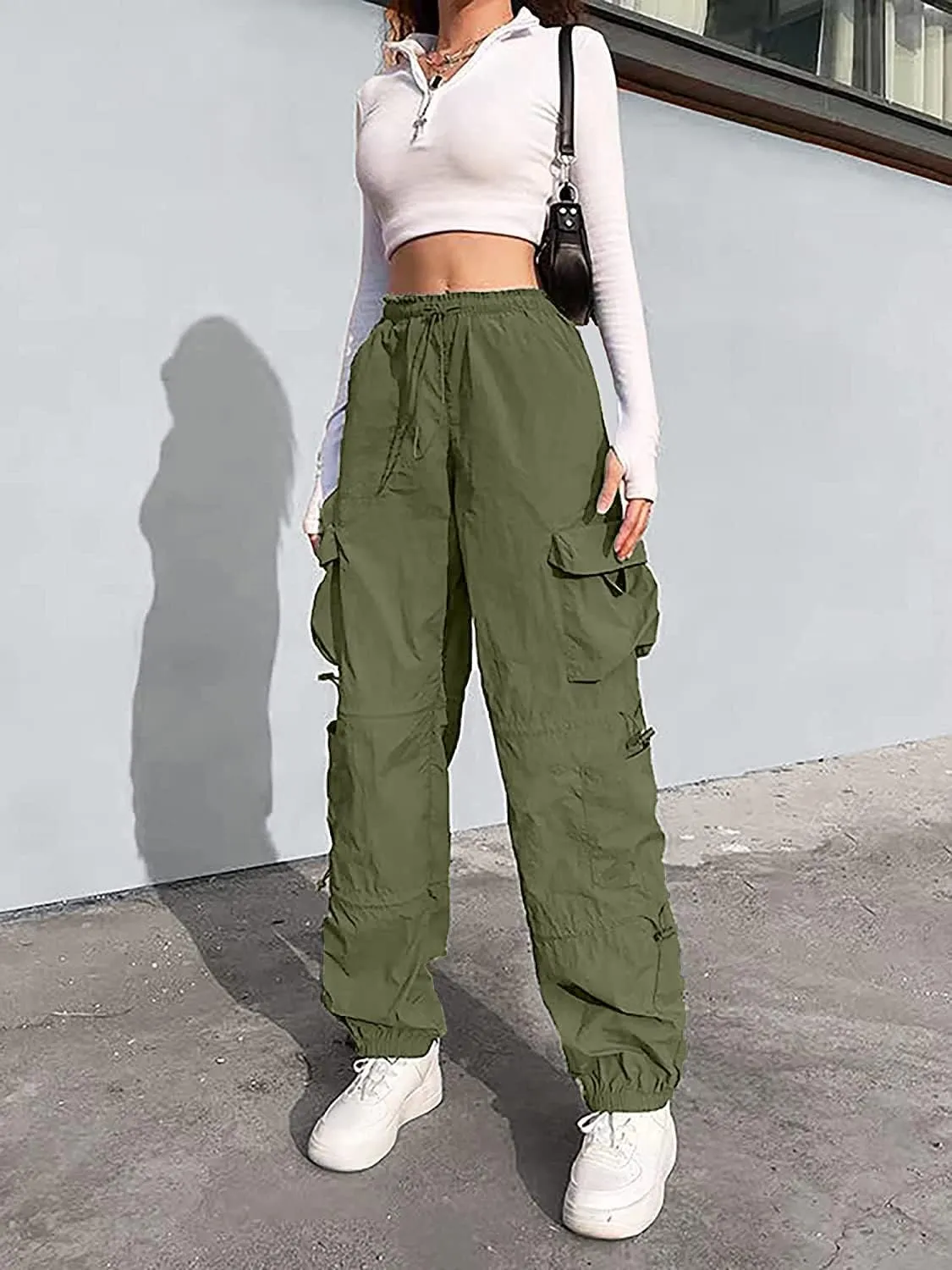 QYANGG Baggy Parachute Pants for Women& Girls Drawstring Elastic Low Waist Ruched Cargo Pants Multiple Pockets Jogger Y2K