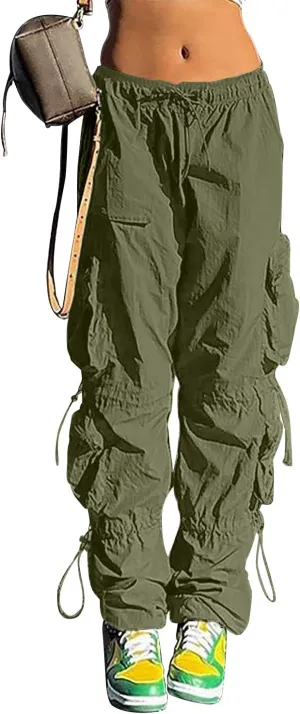 QYANGG Baggy Parachute Pants for Women& Girls Drawstring Elastic Low Waist Ruched Cargo Pants Multiple Pockets Jogger Y2K