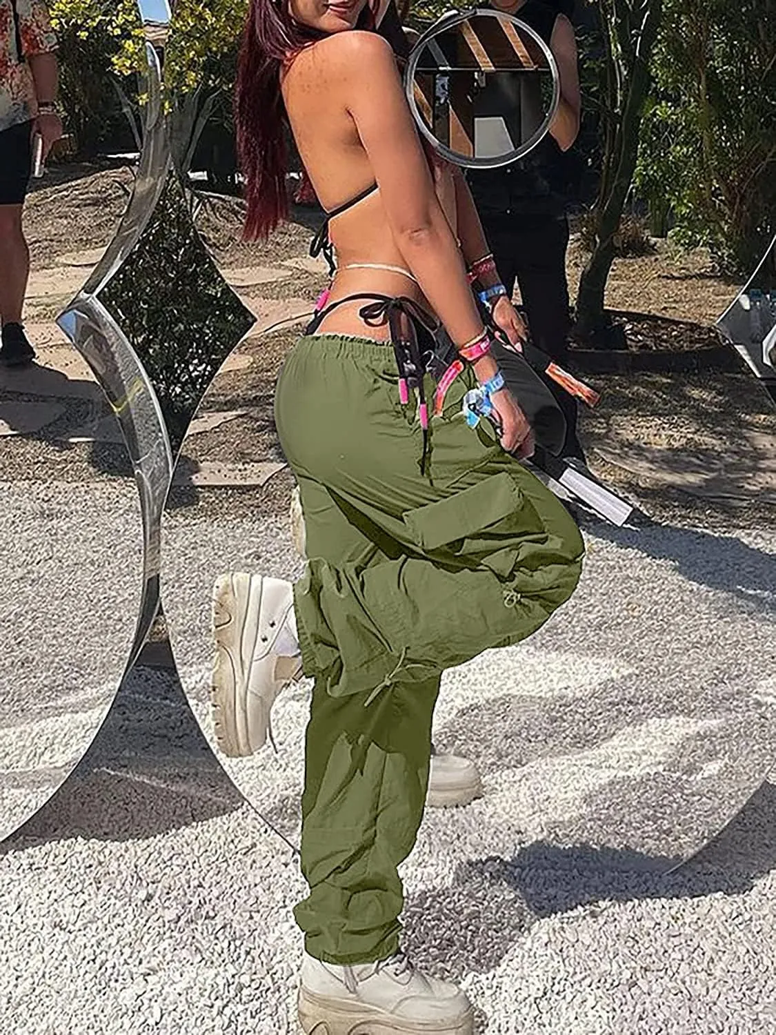QYANGG Baggy Parachute Pants for Women& Girls Drawstring Elastic Low Waist Ruched Cargo Pants Multiple Pockets Jogger Y2K