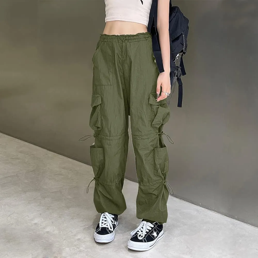 QYANGG Baggy Parachute Pants for Women& Girls Drawstring Elastic Low Waist Ruched Cargo Pants Multiple Pockets Jogger Y2K