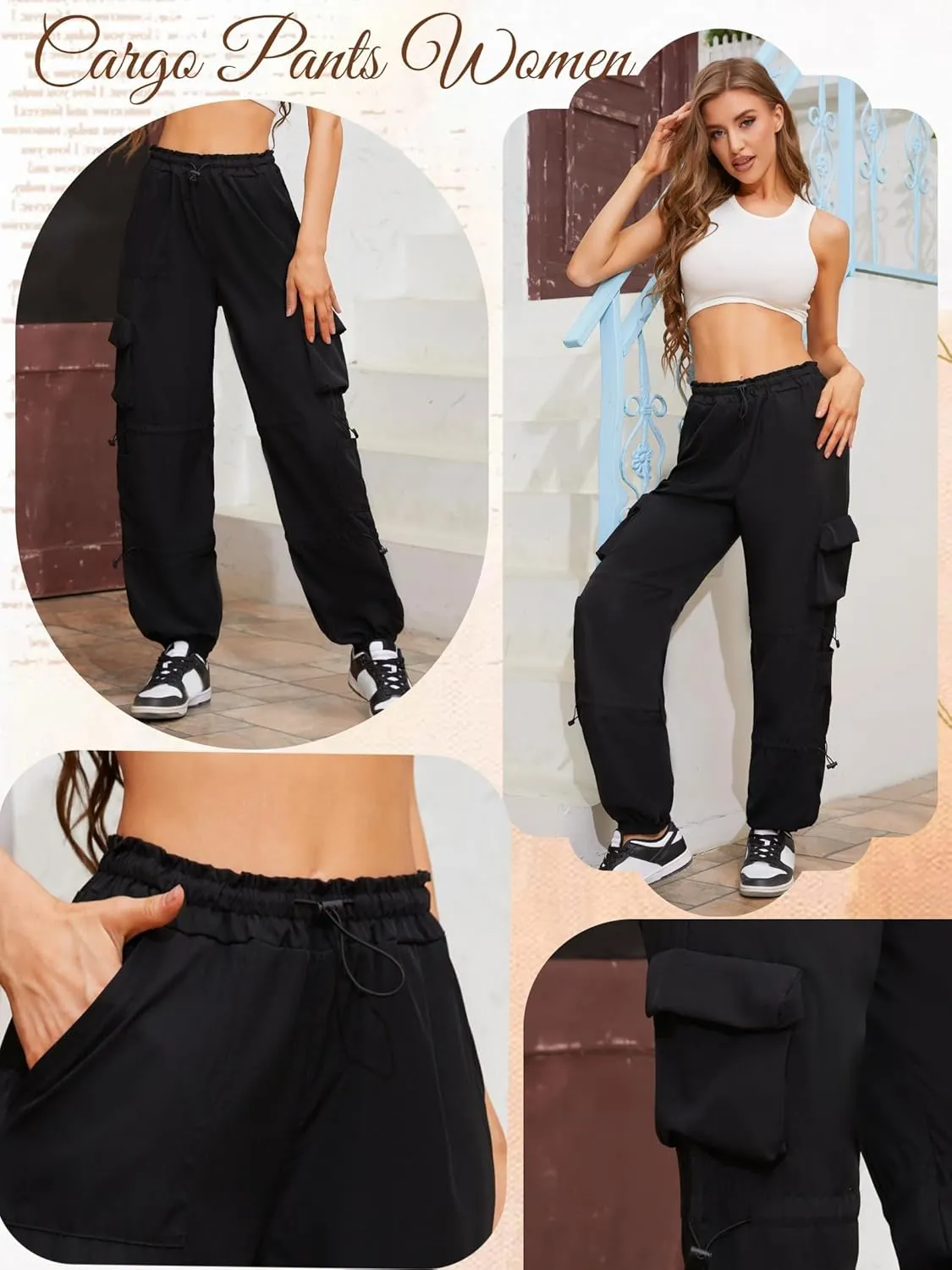 QYANGG Parachute Pants for Women Drawstring Elastic Low Waist Ruched Cargo Pants Multiple Pockets Jogger Y2K