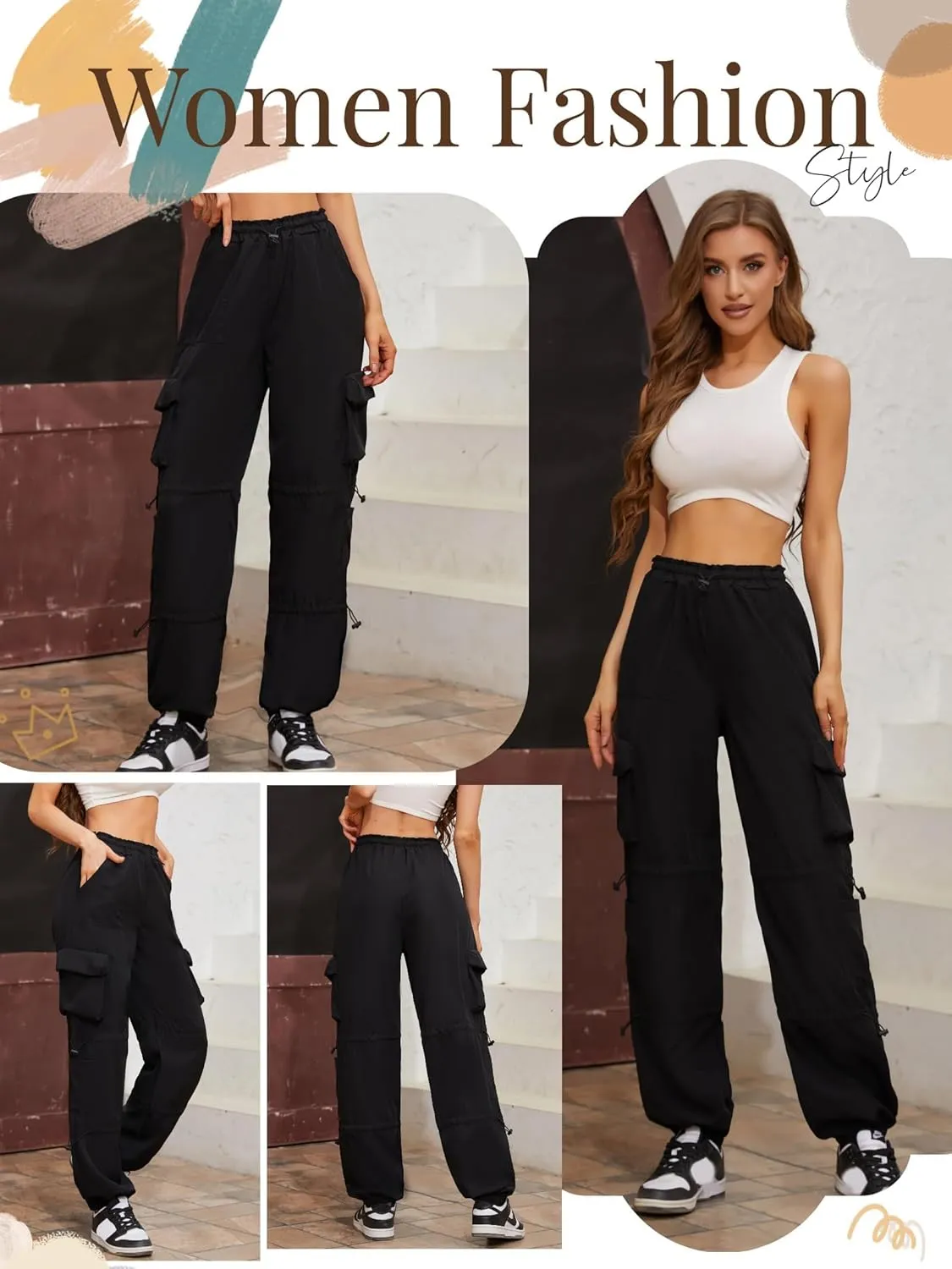 QYANGG Parachute Pants for Women Drawstring Elastic Low Waist Ruched Cargo Pants Multiple Pockets Jogger Y2K