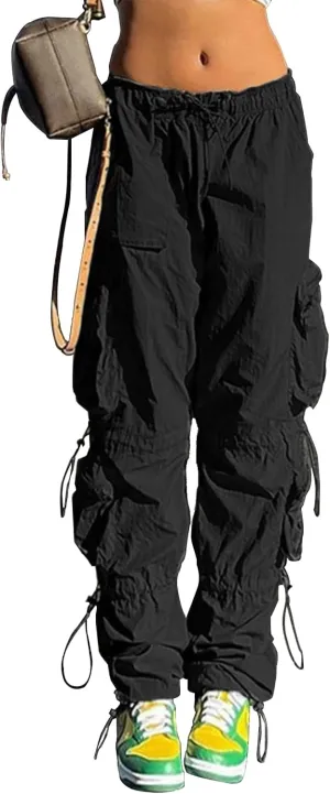QYANGG Parachute Pants for Women Drawstring Elastic Low Waist Ruched Cargo Pants Multiple Pockets Jogger Y2K