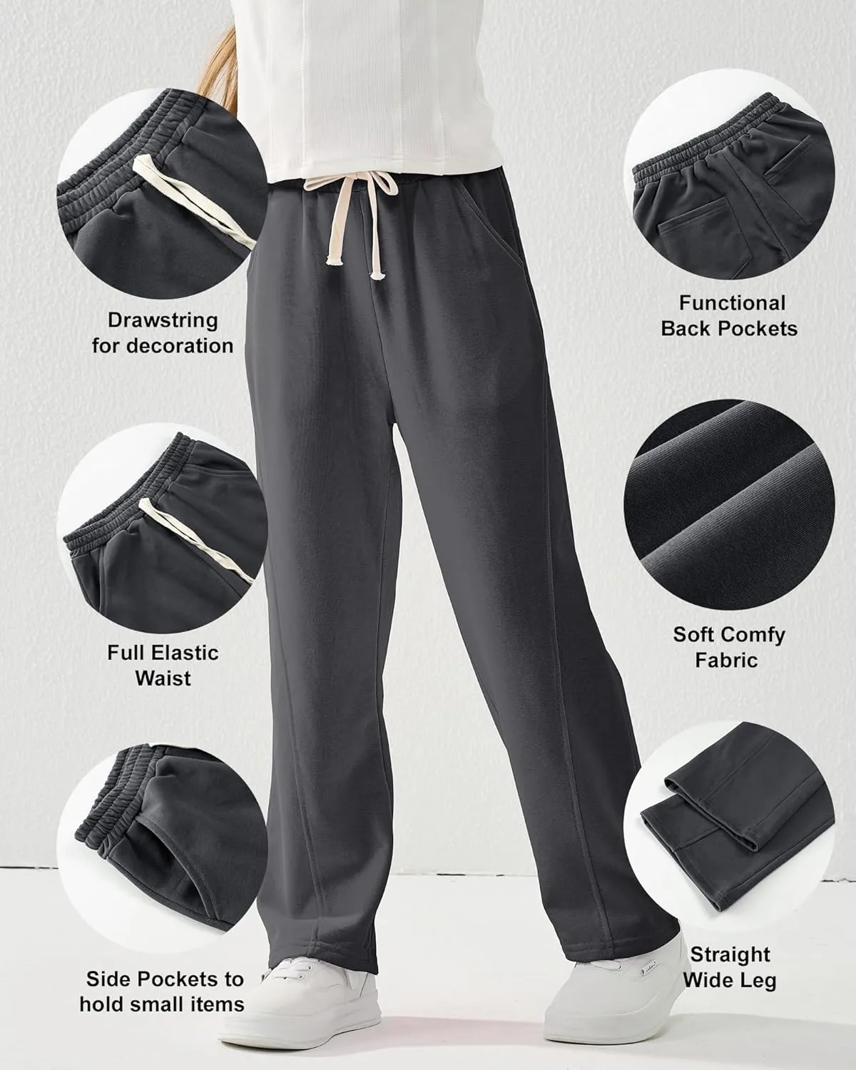 Rolanko Girls Wide Leg Sweatpants Straight Pants for Kids Girls Trousers with Pockets Sweats